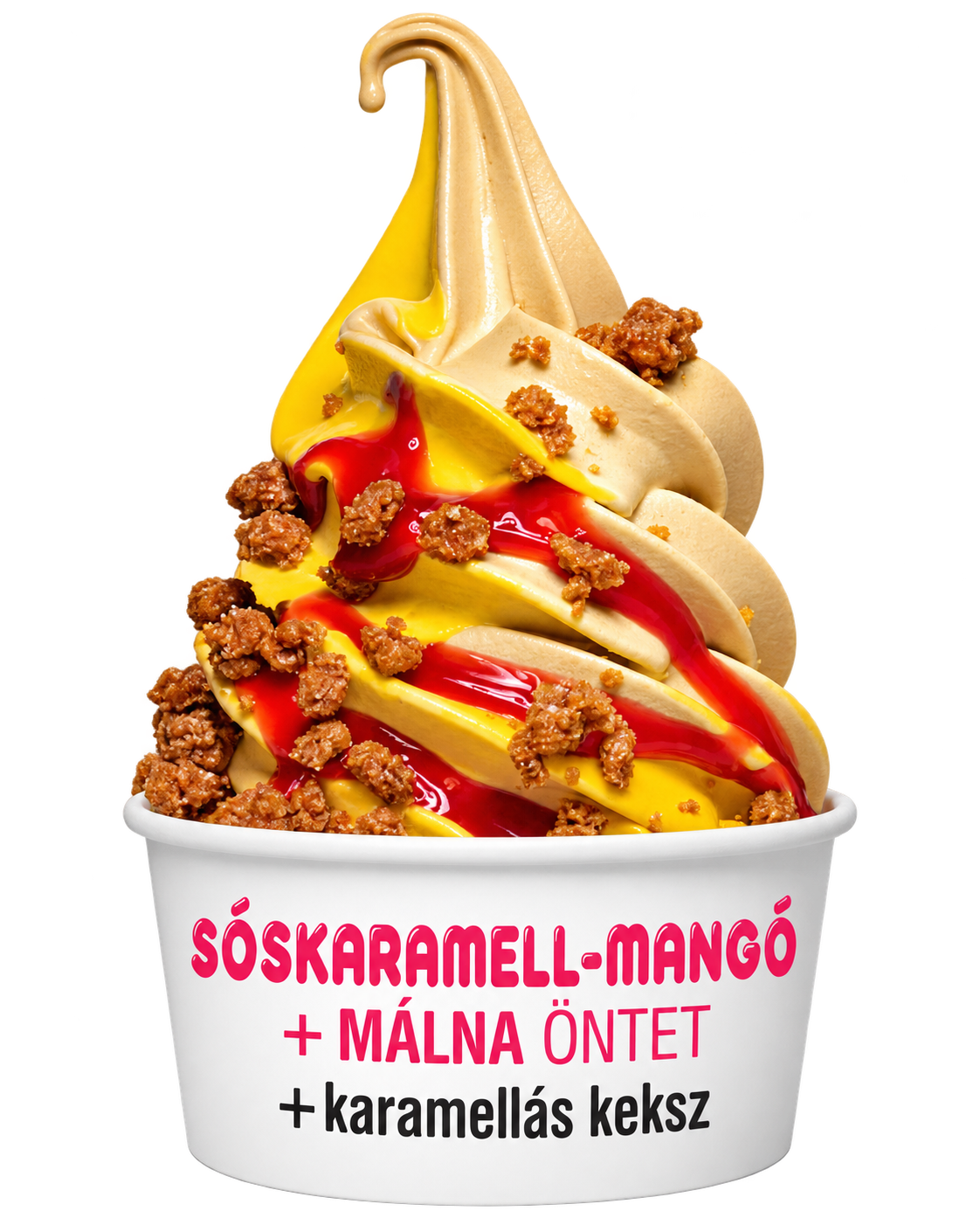 Sóskaramell-mangó és málna öntet karamellás keksszel